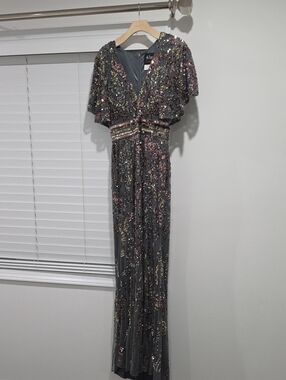 Mac Duggal Gray Sequin Maxi Gown with Gold and Rose Accents